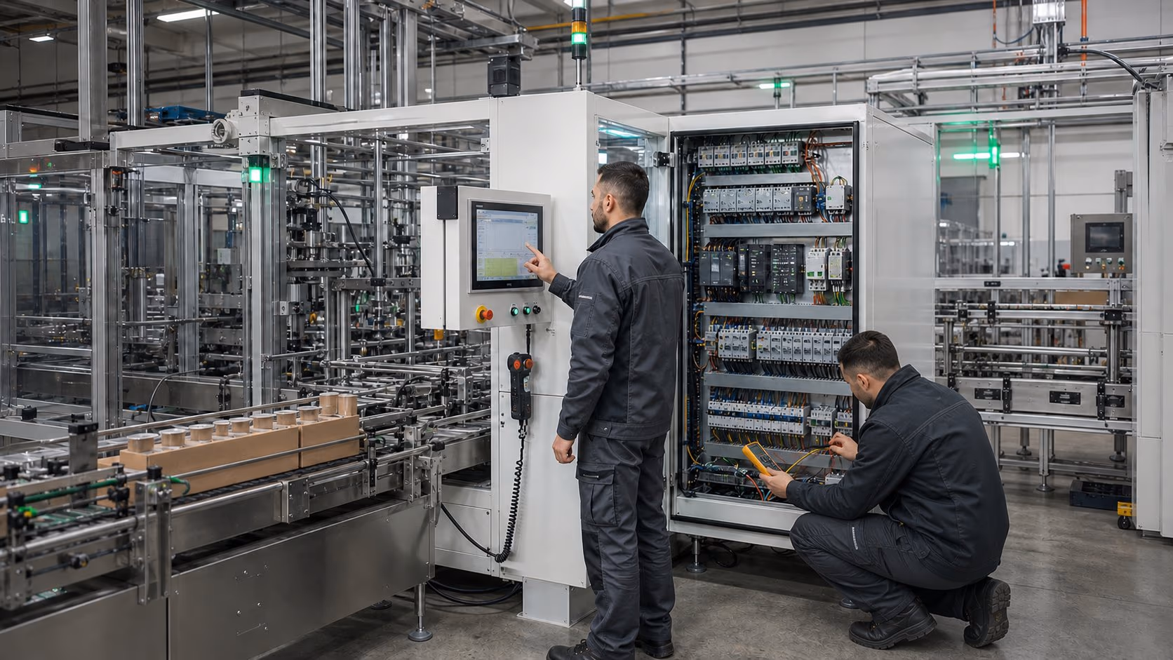 Machine commissioning and HMI startup testing on a production line