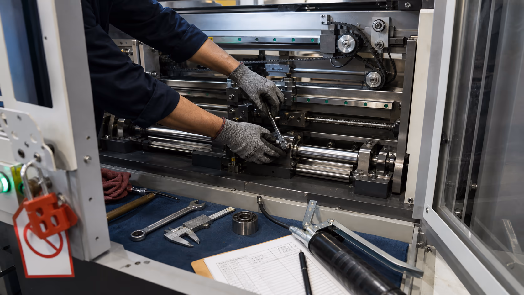 Preventive mechanical maintenance inside an industrial machine with technician tools, bearings, belts, and inspection work