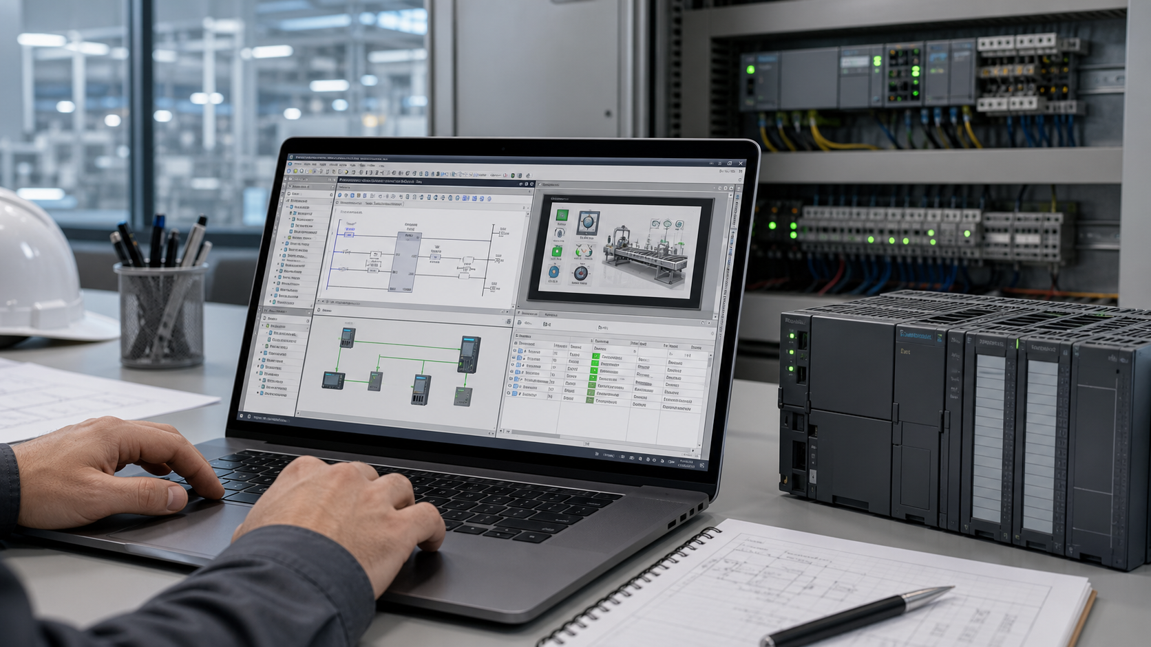 Automation software development on a laptop with PLC logic, HMI screens, and Siemens TIA Portal style engineering