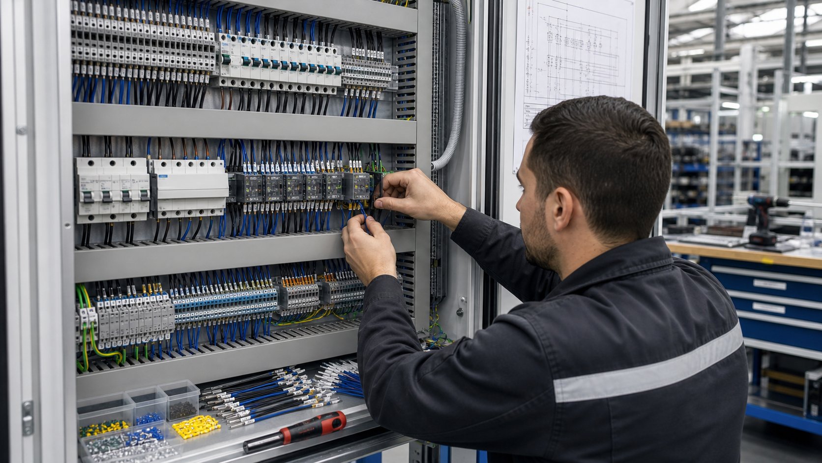 Industrial electrical installation with organized cabinet wiring