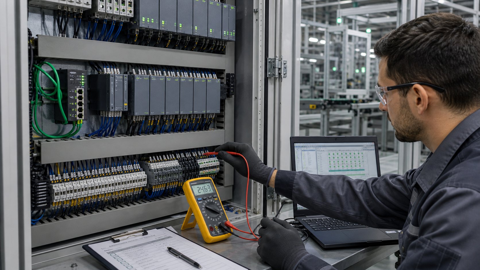 Electrical testing and PLC diagnostics with a multimeter and laptop