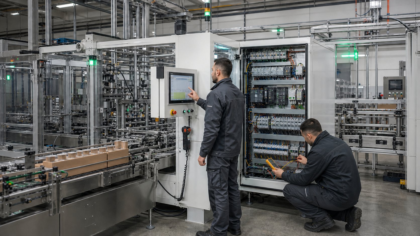 Machine commissioning and HMI startup testing on a production line