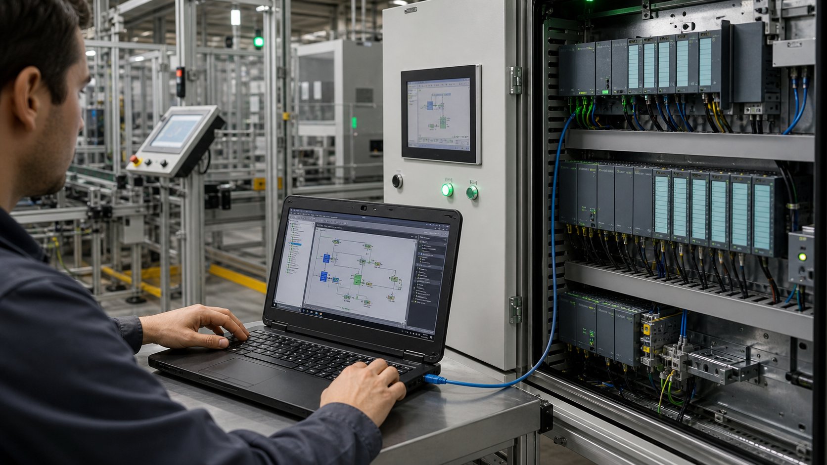 PLC programming laptop connected to an industrial automation cabinet