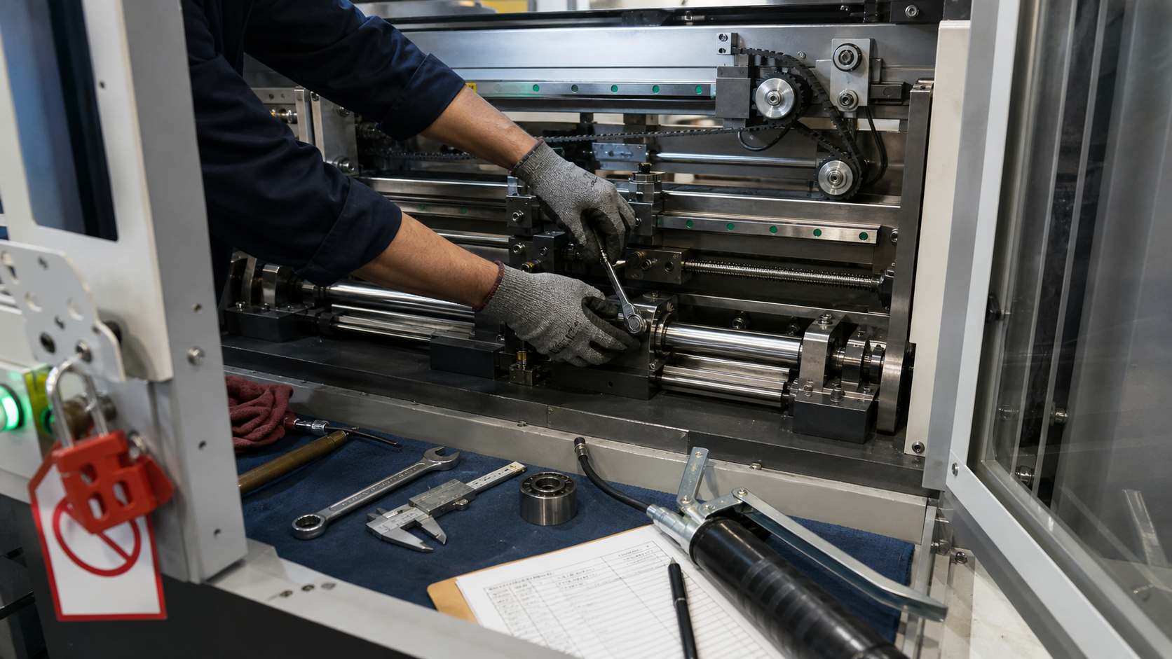 Preventive mechanical maintenance inside an industrial machine with technician tools, bearings, belts, and inspection work