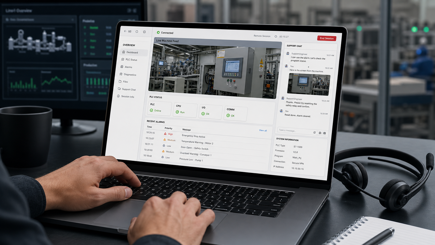 Remote industrial support by PC with diagnostics dashboard, video assistance, and factory machine status shown on screen